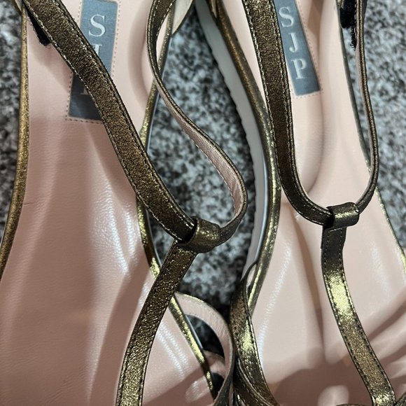SJP Sarah Jessica Parker Gold Metallic Leather Print T Strap Sandal Flats Sz 12 - Picture 8 of 10